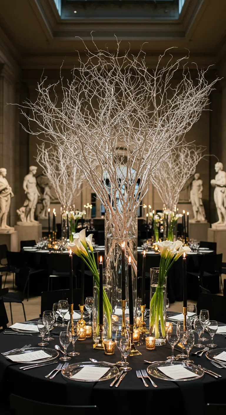 Centre de table noir, blanc et or avec de hautes branches blanches, des arums et des bougies.