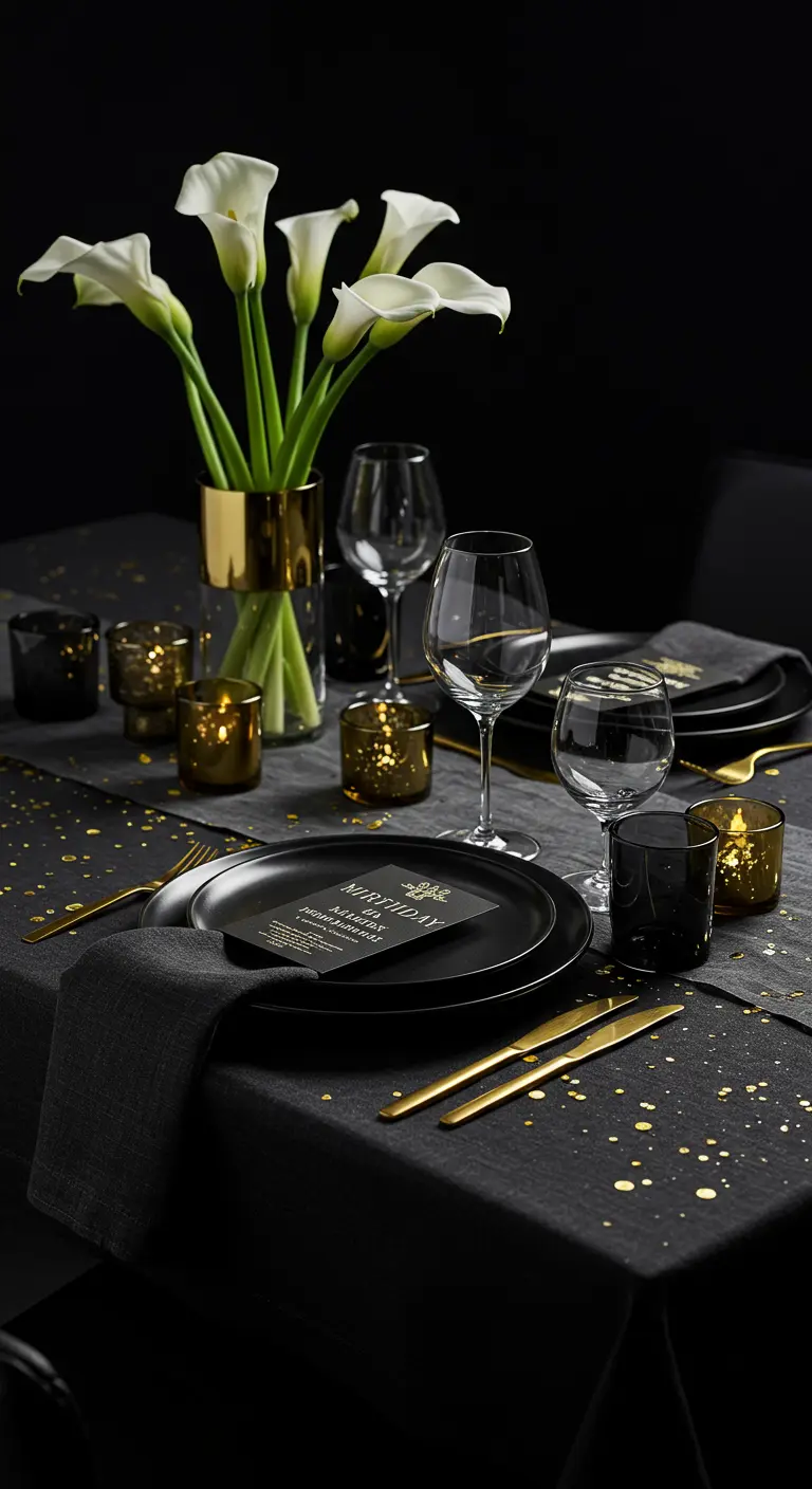 Table de fête minimaliste noire avec des arums blancs, des couverts et photophores dorés.
