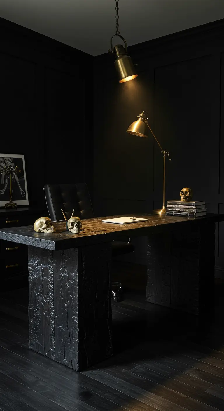 Bureau en bois noirci dans une pièce entièrement noire, éclairé par des spots directionnels.
