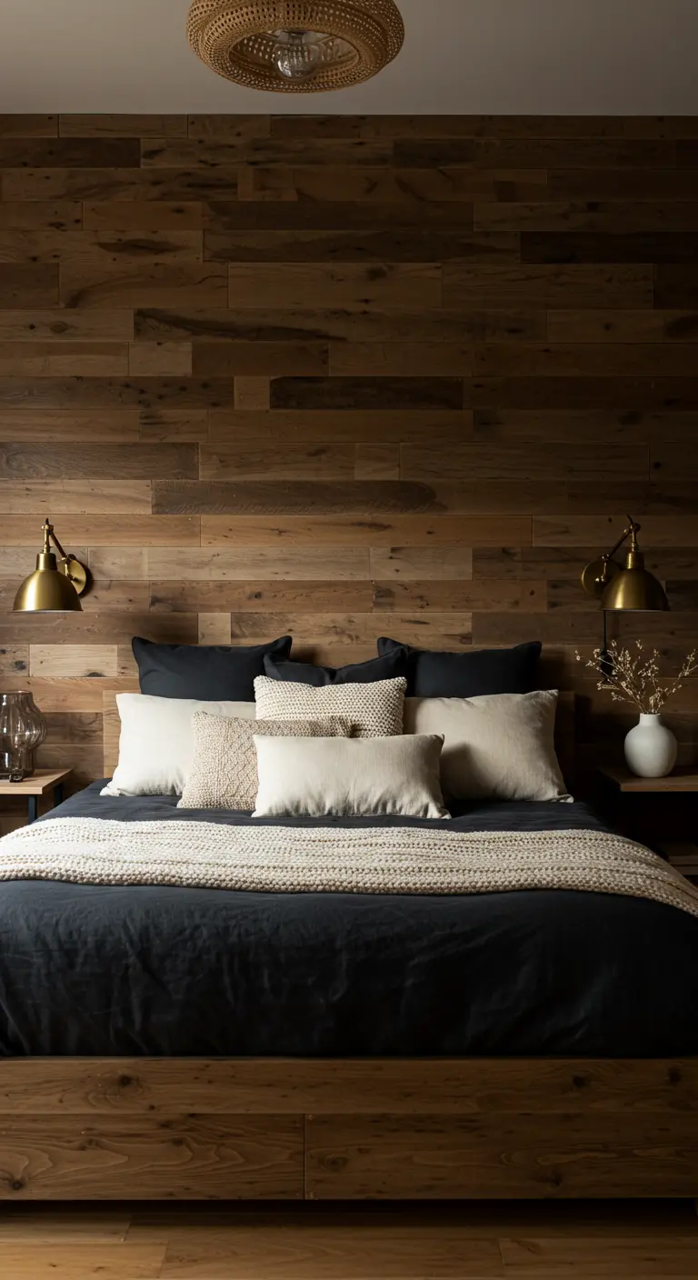 Chambre avec un mur en bois de grange, un lit en bois et du linge de lit noir.