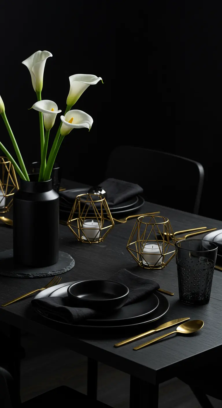 Table noire moderne avec des arums blancs et des bougeoirs géométriques dorés.