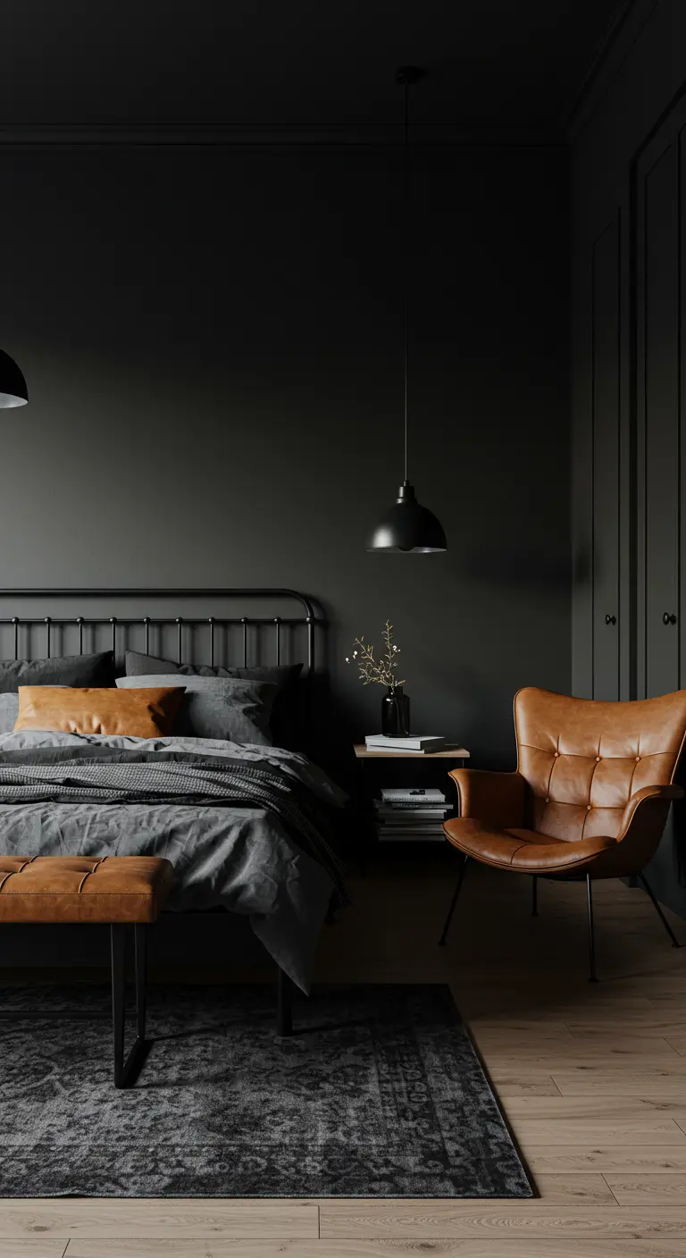 Chambre sombre et élégante avec murs noirs, lit gris et un fauteuil en cuir cognac.