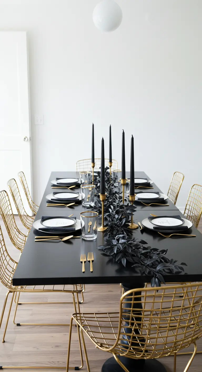 Table de salle à manger moderne avec vaisselle noire et chaises dorées grillagées.