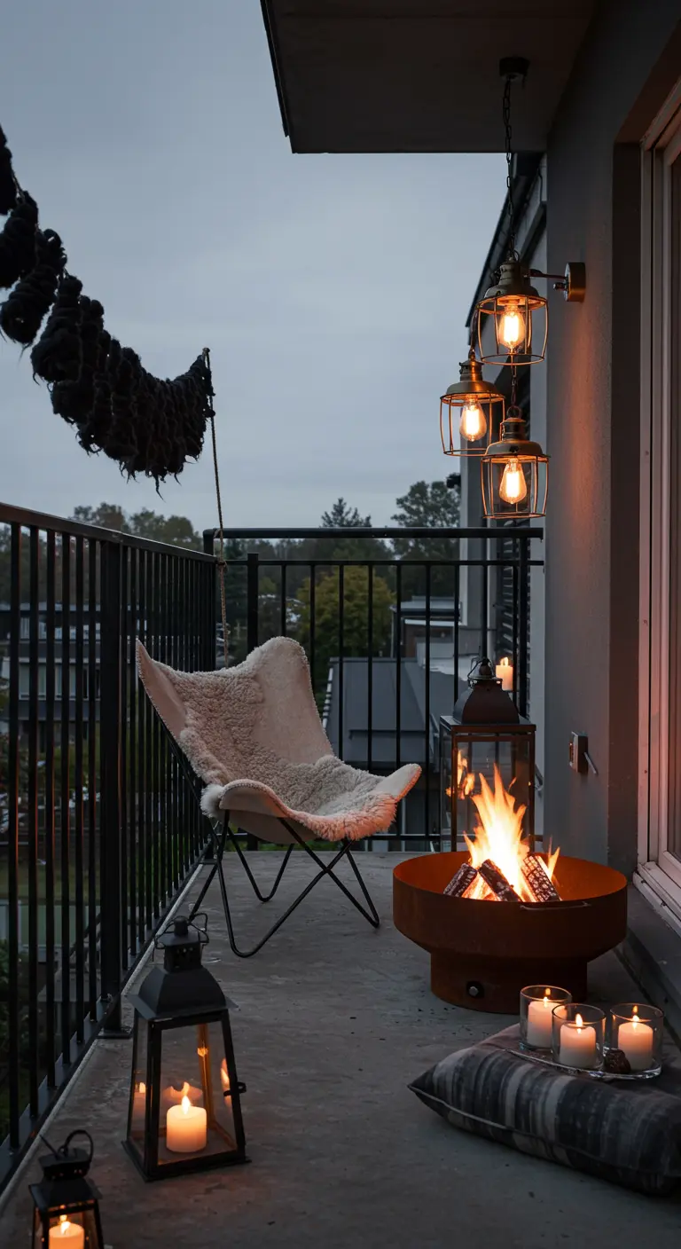 Balcon moderne et minimaliste noir avec un brasero en acier Corten et un fauteuil papillon.