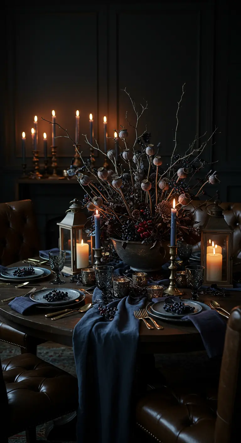 Table sombre avec chemin de table bleu, composition florale foncée, bougies bleues et lanternes allumées.