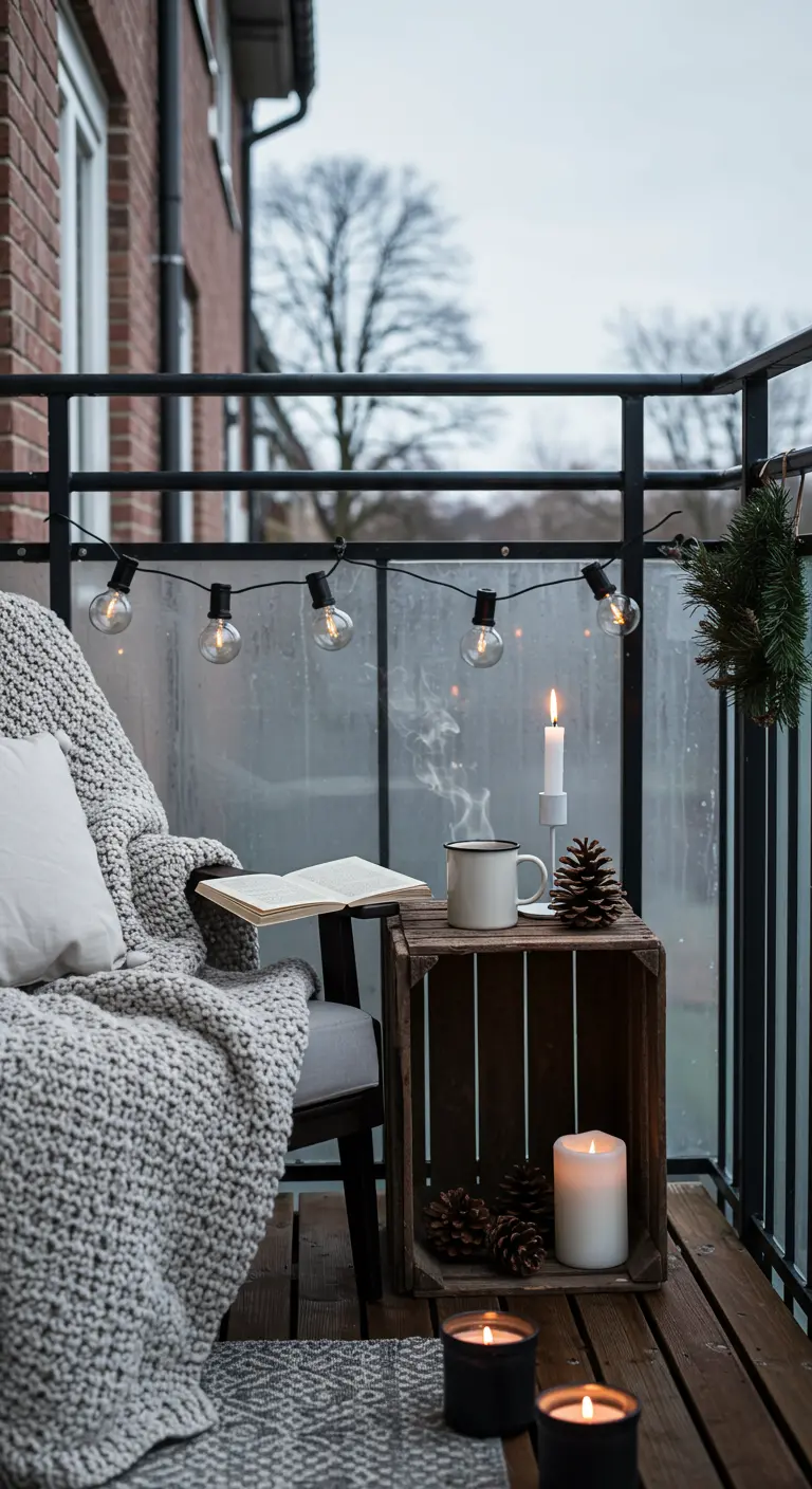 Balcon cosy avec un fauteuil, un plaid, et une caisse en bois servant de table pour un livre et une bougie.