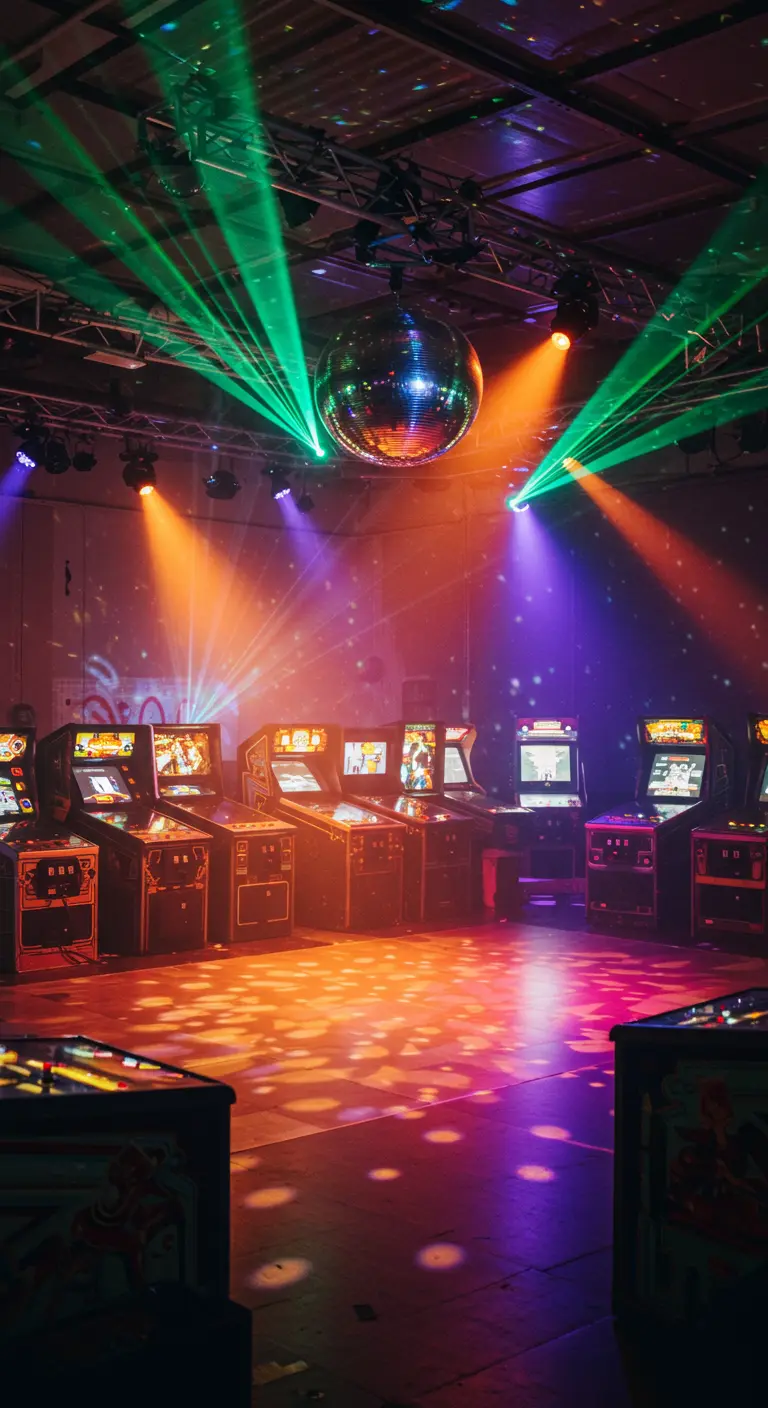 Une salle de jeux d'arcade vintage éclairée par des lasers et une boule disco.