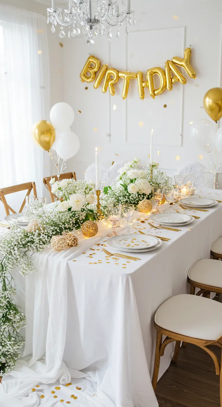 Table d'anniversaire blanche et dorée avec ballons, gypsophile et confettis.