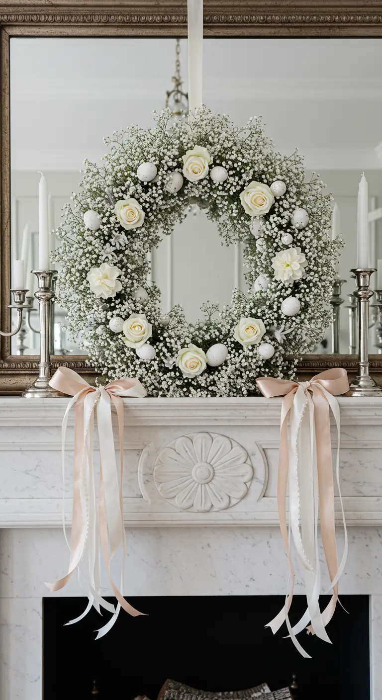 Couronne de gypsophile et de roses blanches avec des rubans de satin, posée sur une cheminée.