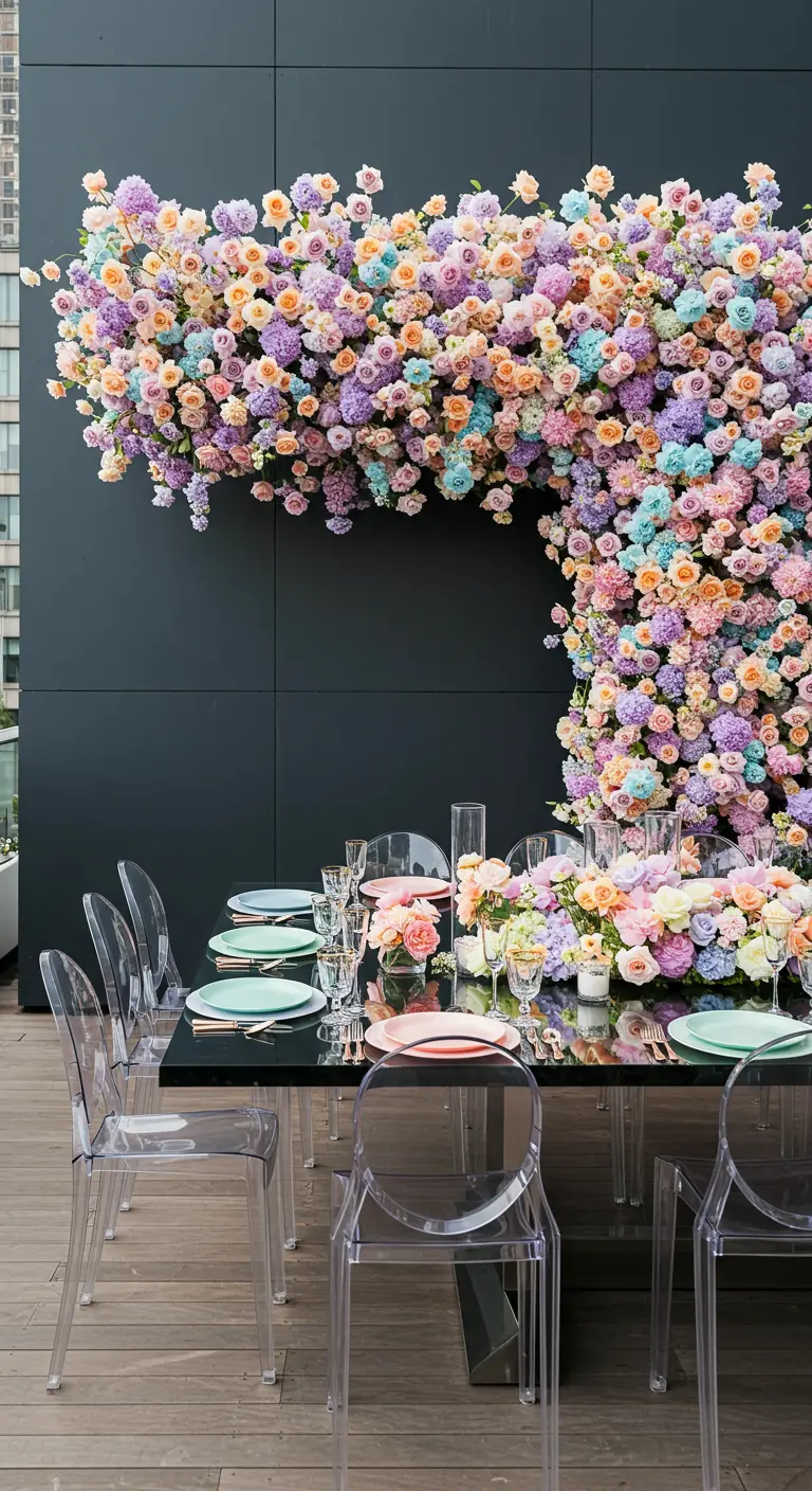 Table moderne sur un rooftop sous un immense nuage de fleurs pastel suspendu.