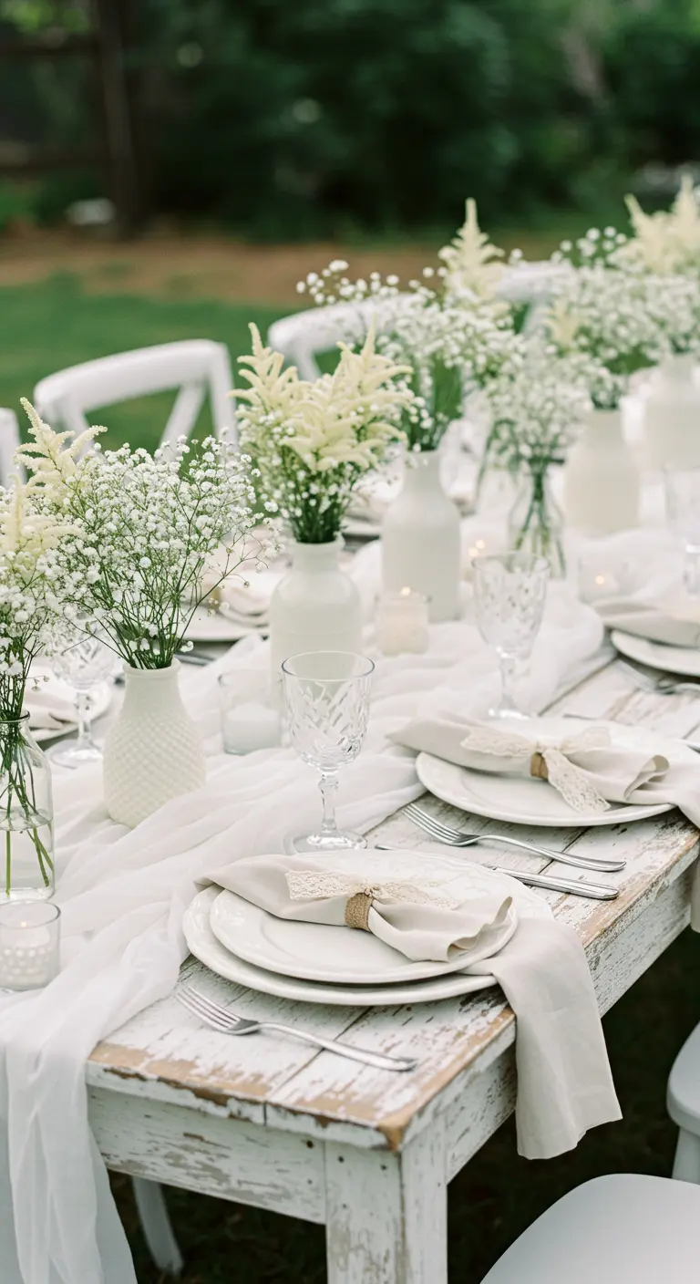 Table de mariage toute blanche avec des bouquets de gypsophile et une nappe en gaze.