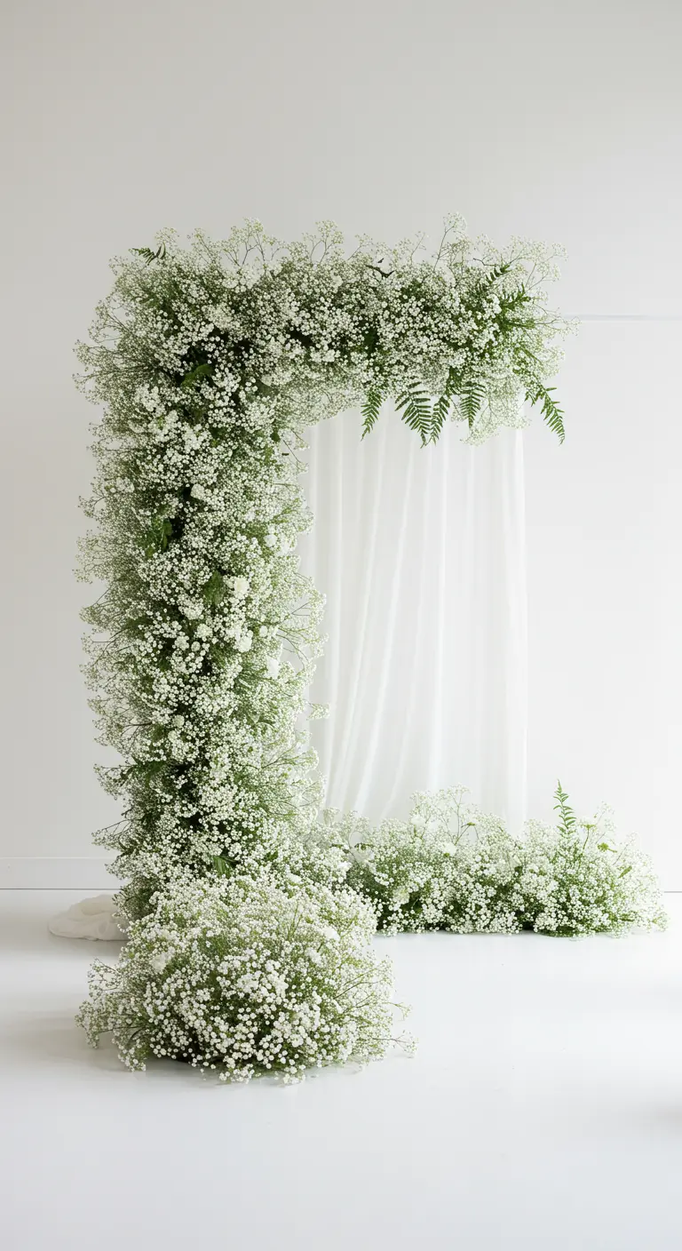 Arche asymétrique entièrement recouverte de gypsophile sur fond blanc.