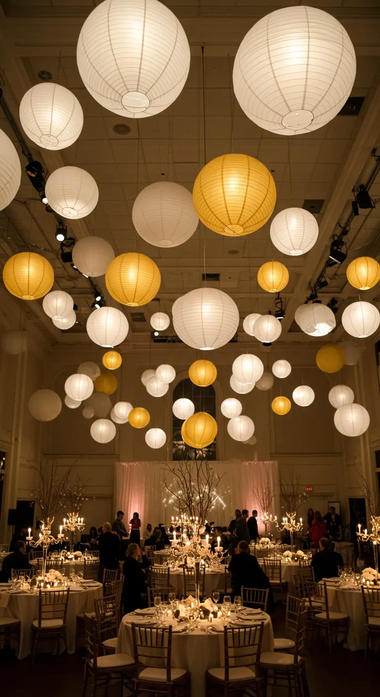 Plafond d'une salle de bal couvert de lampions en papier blancs et dorés de diverses tailles.