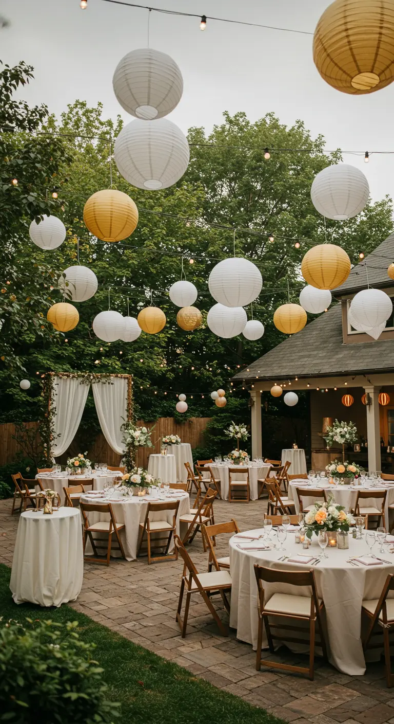 Terrasse extérieure décorée de lampions en papier blancs et jaunes suspendus.