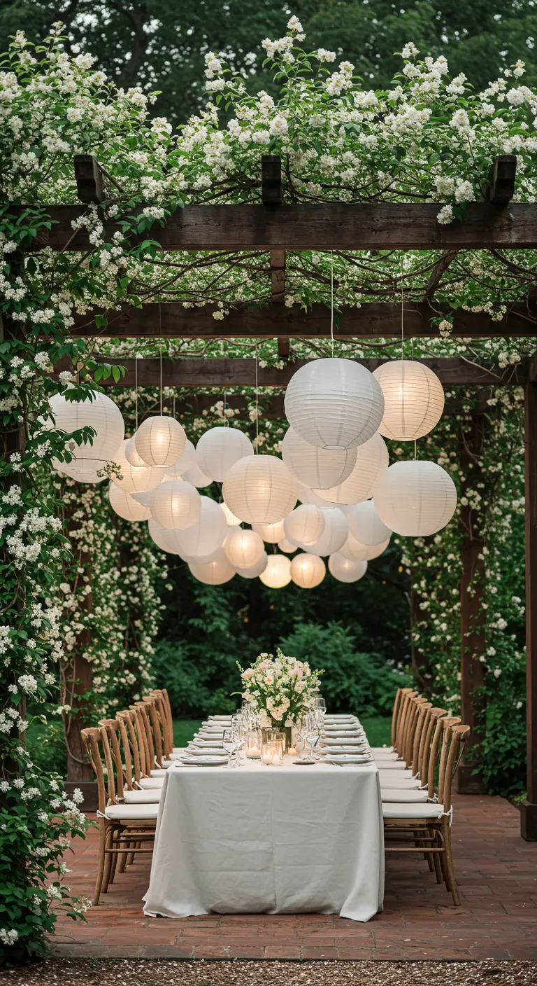 Table de réception sous une pergola recouverte de fleurs et d'un amas de lampions blancs.