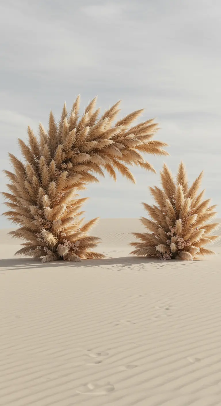 Arche sculpturale faite de nuages d'herbe de la pampa dans le désert de sable.