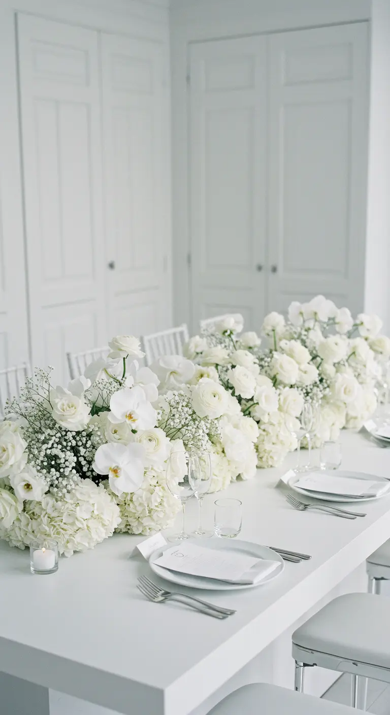 Centre de table tout en blanc avec hortensias, roses et orchidées.