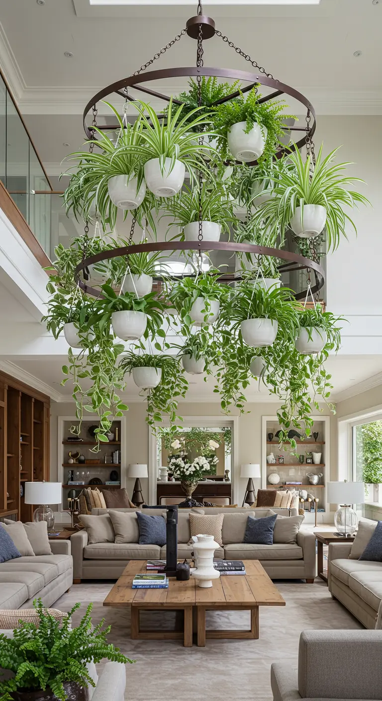 Immense anneau métallique suspendu avec de multiples pots blancs et plantes retombantes dans un grand salon.