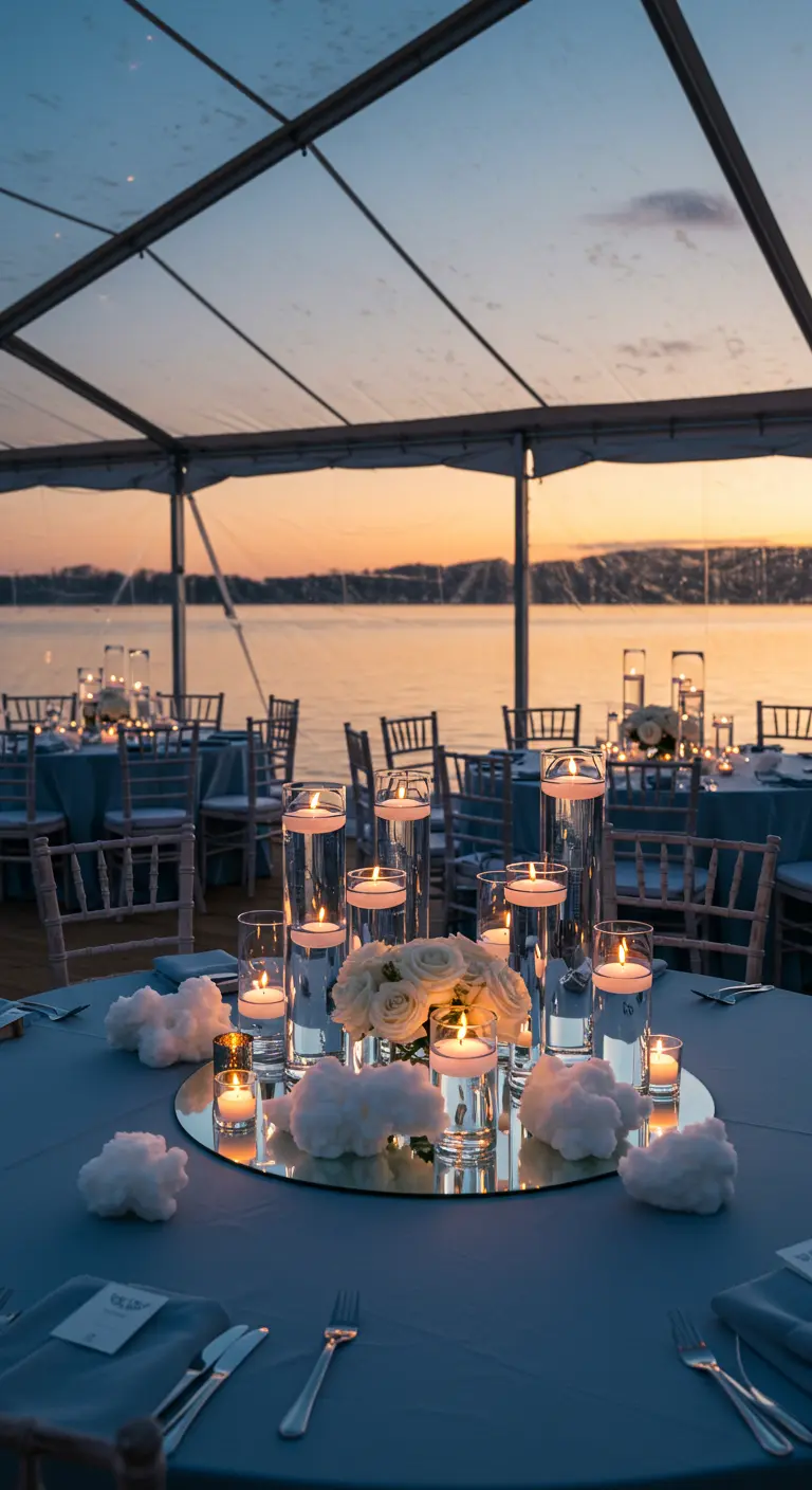 Centre de table avec bougies flottantes et miroir sur une nappe bleue, vue sur l'eau.