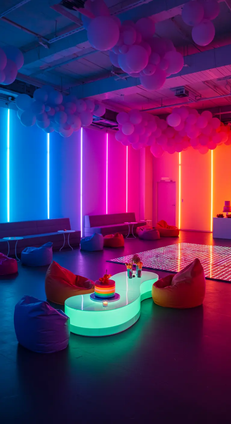 Salle de fête colorée avec des nuages de ballons au plafond, des néons verticaux et des poufs au sol.
