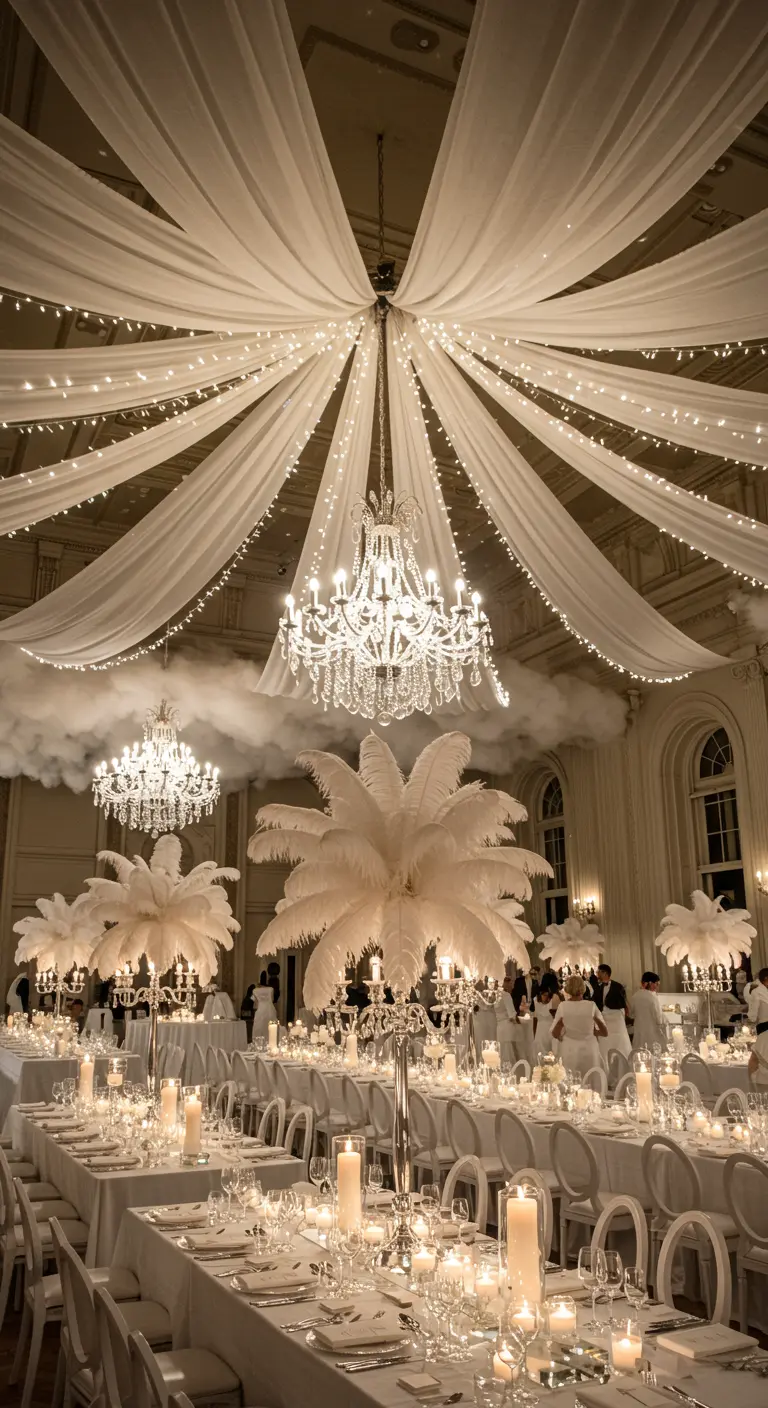Salle de réception élégante avec plafond drapé de voiles blancs et guirlandes LED, lustres et bougies.