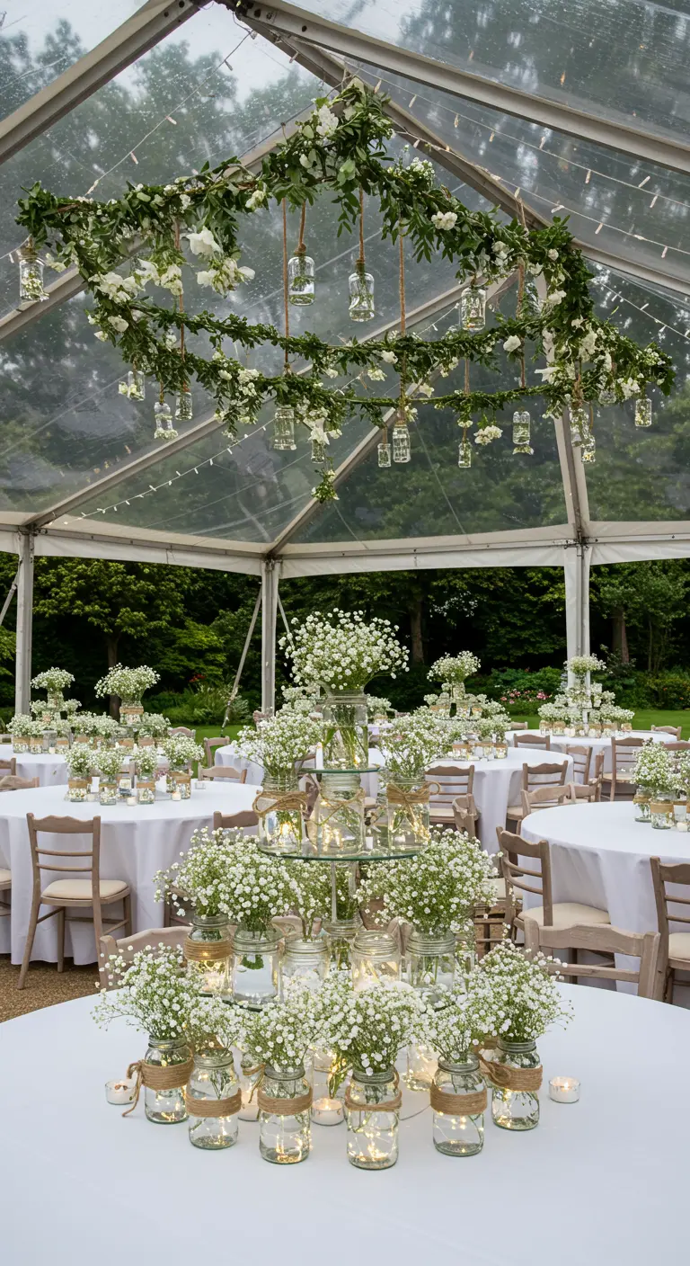 Tente de mariage avec tables blanches, gypsophile en bocaux, guirlandes lumineuses et bocaux suspendus.