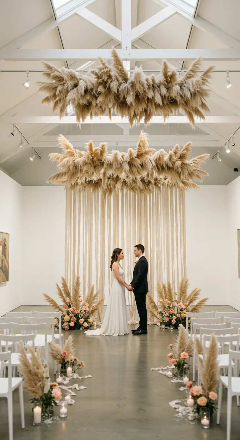 Un couple de mariés sous des installations de pampas suspendues au plafond.