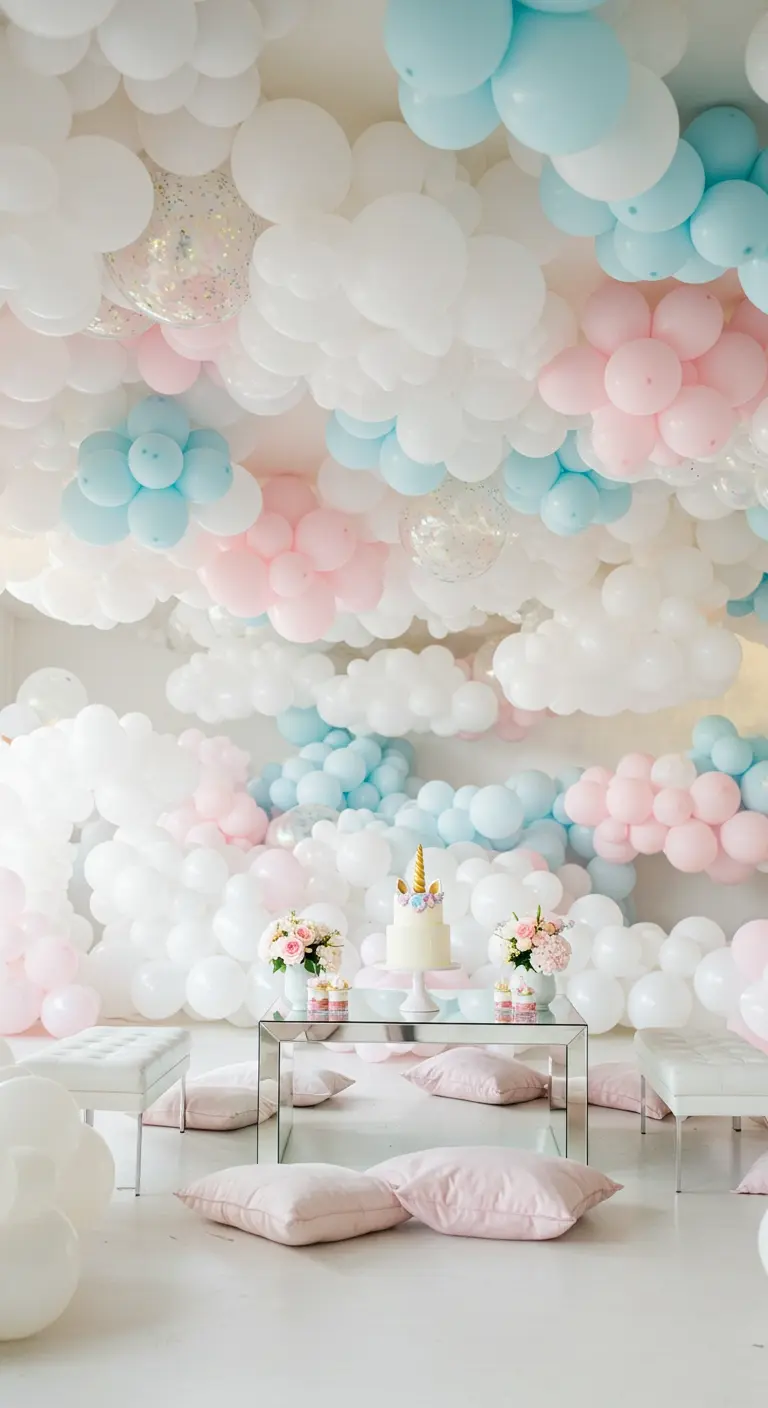 Pièce décorée de ballons blancs, roses et bleus sur les murs et le plafond, table basse en verre.