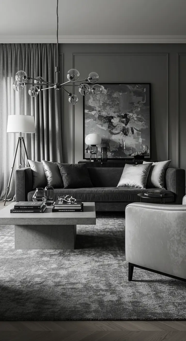 Salon monochrome gris avec un grand tapis texturé et un canapé assorti.