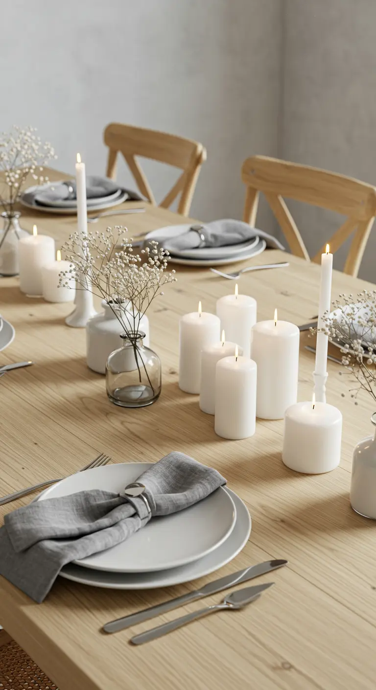 Table en bois clair avec chemin de table gris, bougies blanches et bouquets de gypsophile.