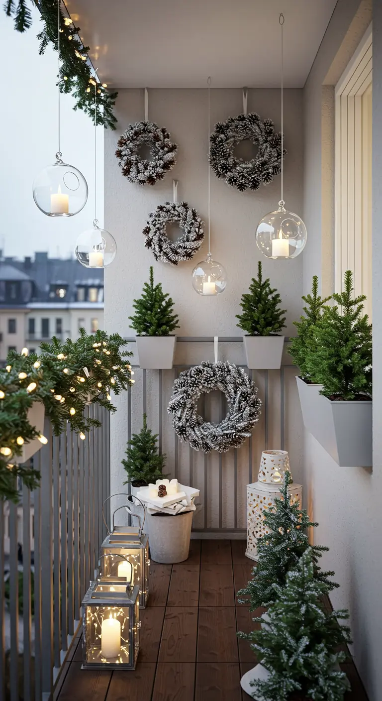 Balcon blanc et gris avec couronnes givrées, sapins miniatures, lanternes et boules en verre suspendues.