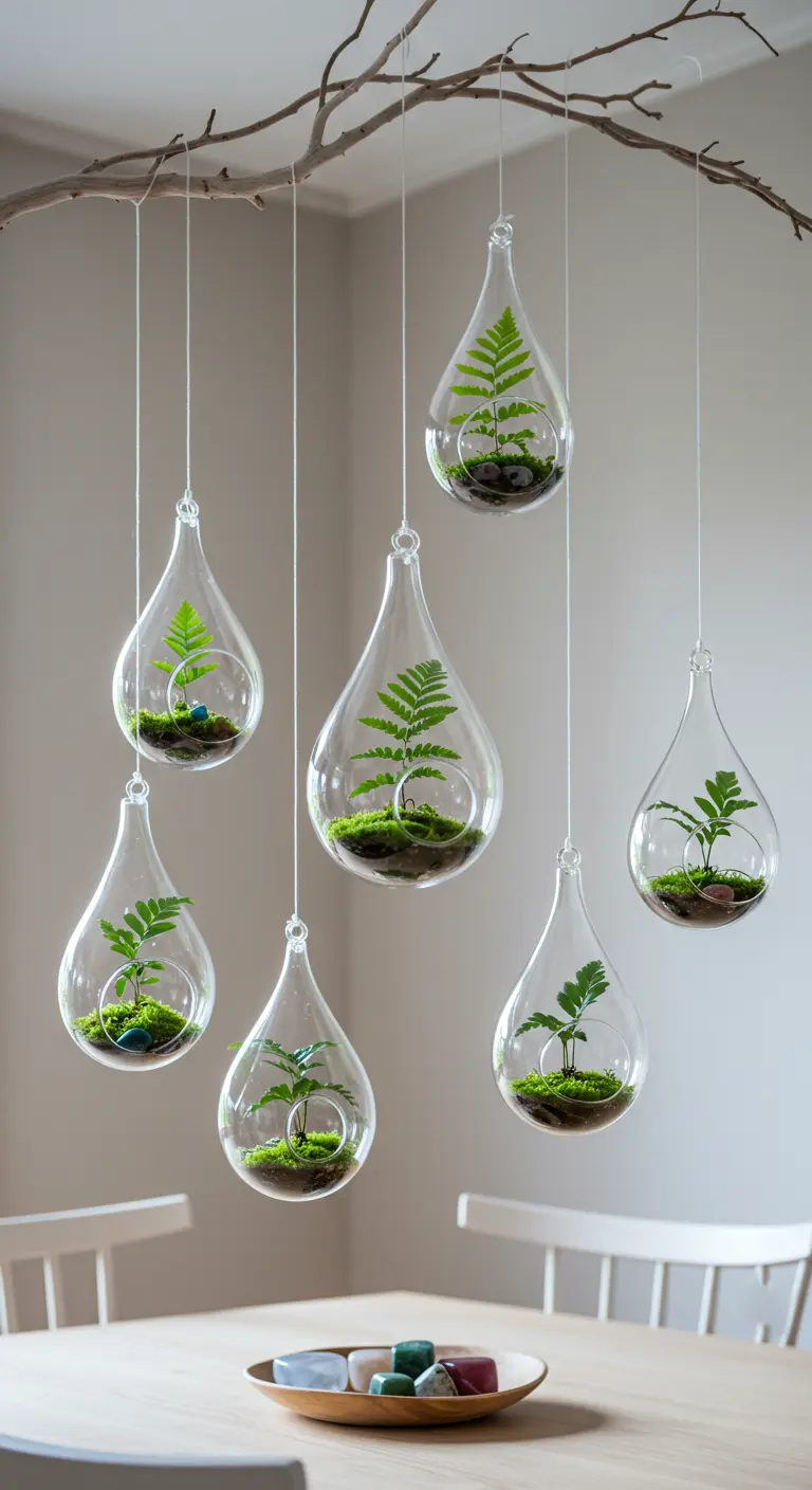 Multiples terrariums en forme de goutte d'eau suspendus à une branche, contenant fougères et mousse.