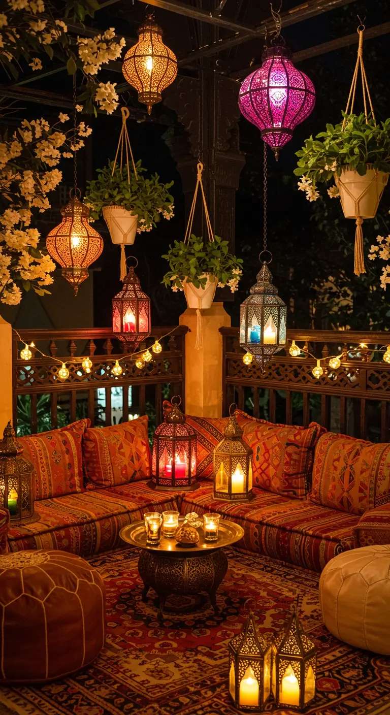Balcon de style marocain avec des lanternes colorées, des coussins et des tapis.
