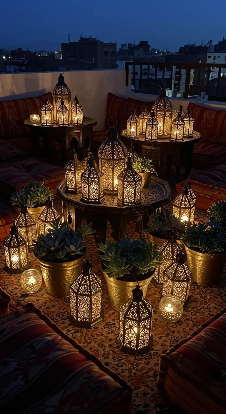 Ambiance marocaine avec de nombreuses lanternes, des succulentes et des coussins au sol.