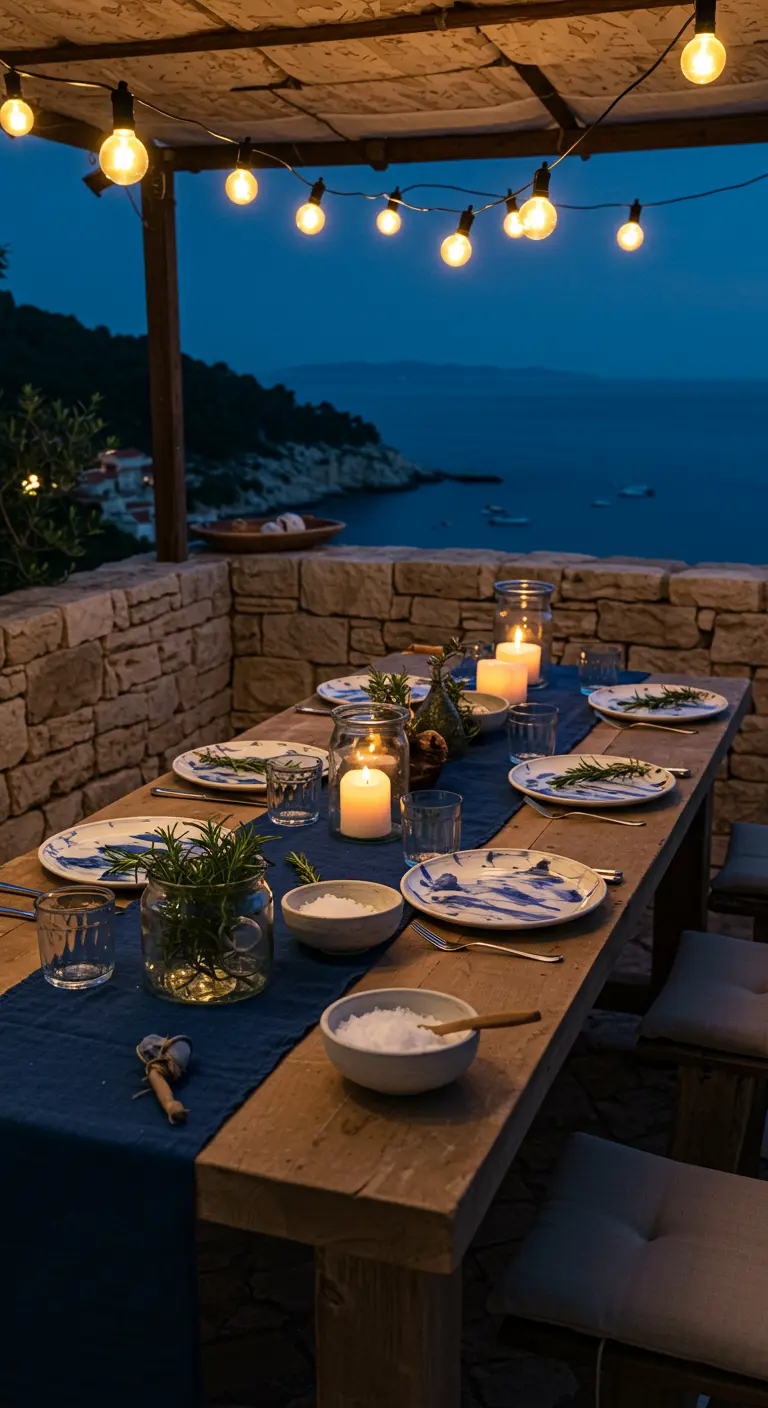 Dîner en bord de mer au crépuscule, éclairé par des guirlandes.