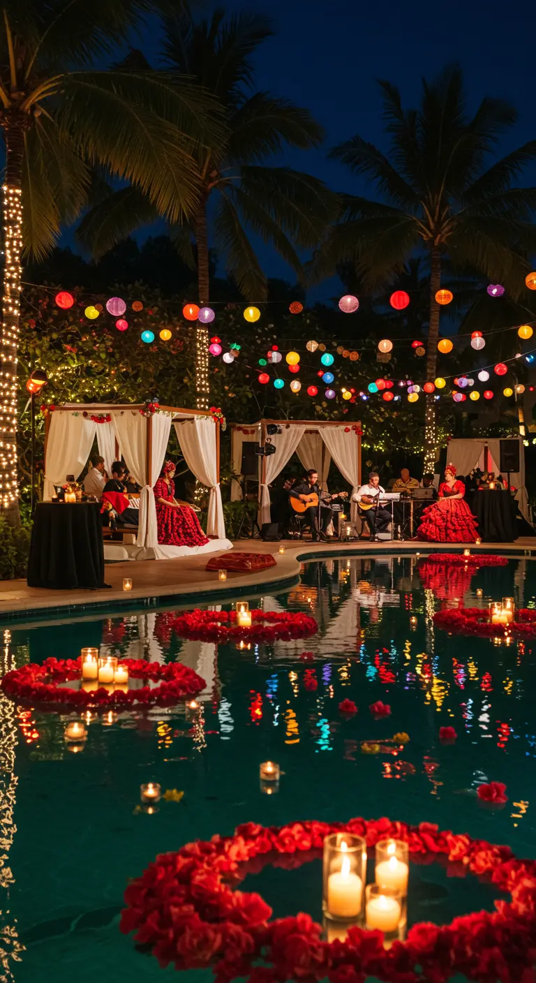Fête nocturne au bord d'une piscine avec bougies flottantes et lampions colorés.