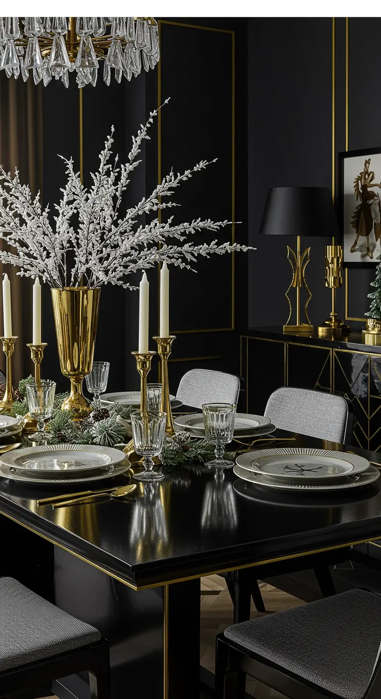 Table de fête style Art Déco avec détails dorés et branches blanches scintillantes.