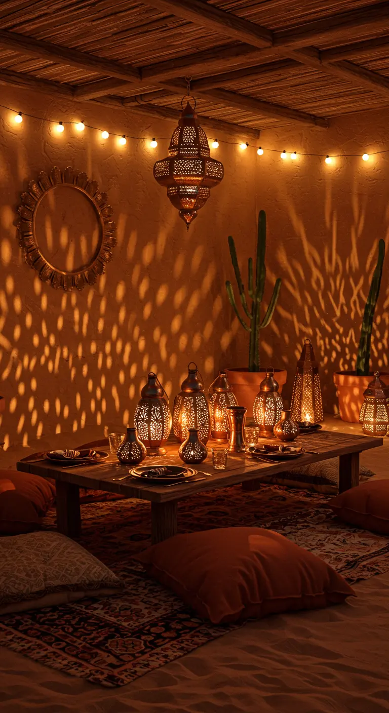 Table basse avec lanternes marocaines et guirlandes lumineuses, créant des motifs d'ombre.