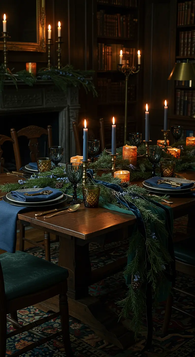 Table en bois sombre avec chemin de table sapin, bougies bleues, verres foncés et accents dorés.