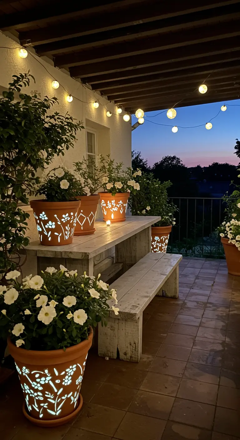 Terrasse de nuit éclairée par des guirlandes et des pots ajourés lumineux.