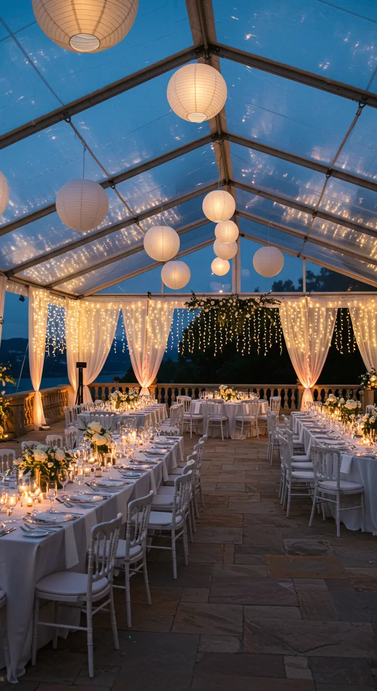 Réception de mariage dans une tente transparente remplie de lampions et de rideaux lumineux.