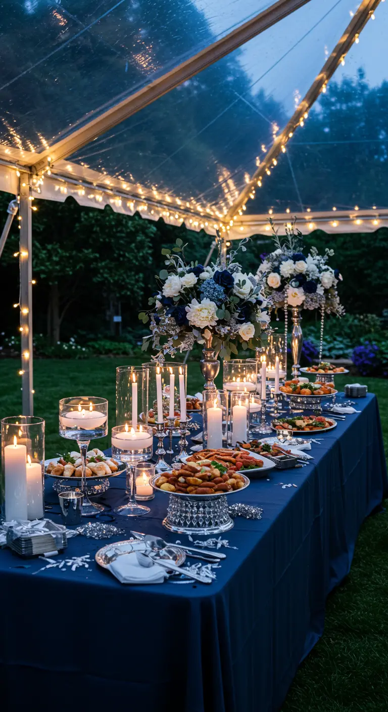 Buffet extérieur élégant bleu et argent, guirlandes sous tente transparente, grands bouquets.