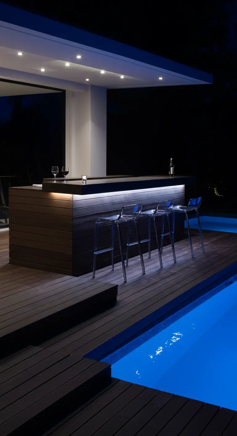 Bar minimaliste en bois sombre avec un éclairage LED bleu au bord d'une piscine la nuit.