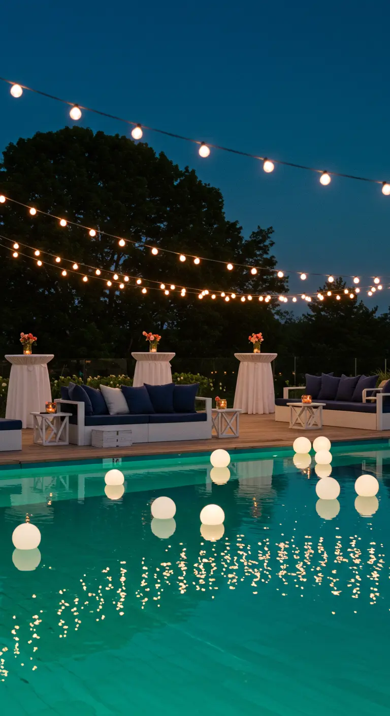 Piscine la nuit avec des boules lumineuses flottantes et un salon de jardin éclairé.