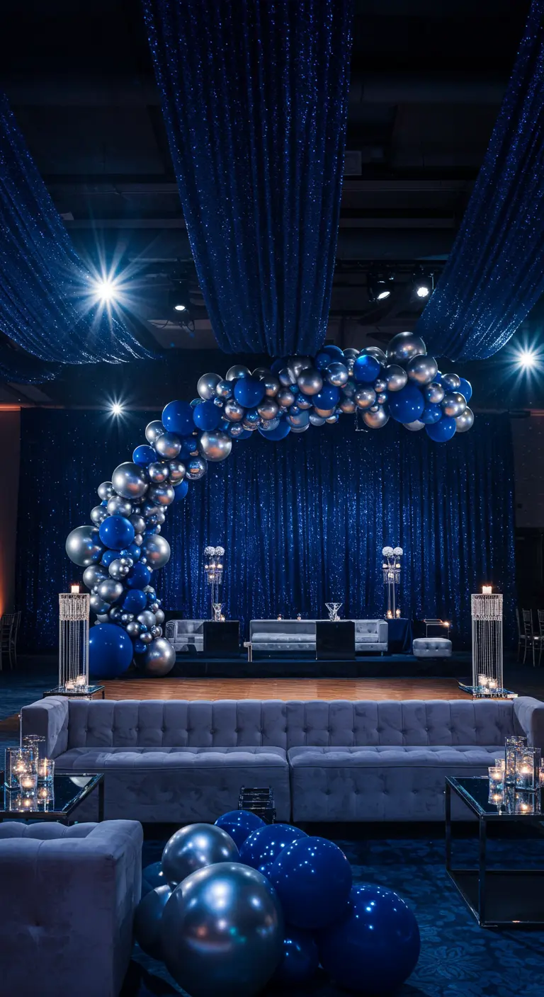 Salle de bal avec rideaux bleus scintillants, arche de ballons bleus/argentés et mobilier lounge.
