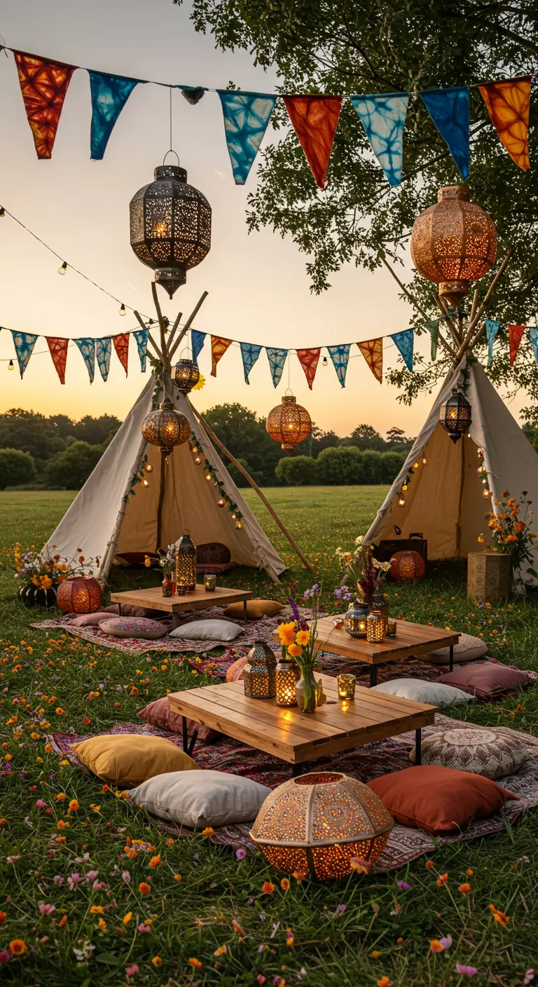 Campement bohème chic avec tipis, tables basses, coussins, lanternes ajourées et fanions colorés.