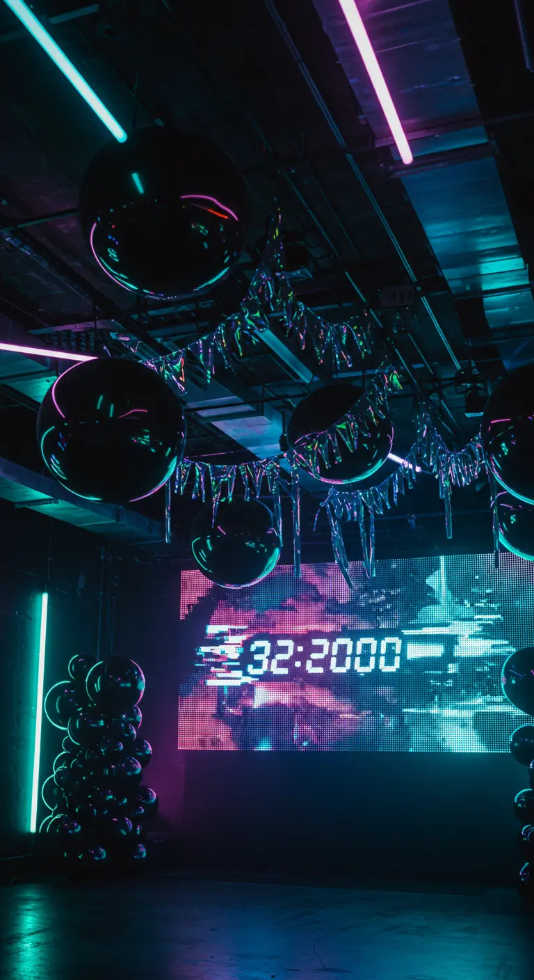 Ambiance de fête cyberpunk avec des néons et un écran numérique affichant l'heure.