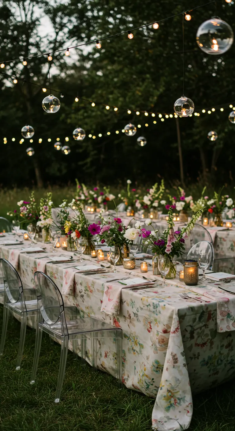 Tables de fête en extérieur la nuit avec des chaises transparentes et des globes lumineux suspendus.