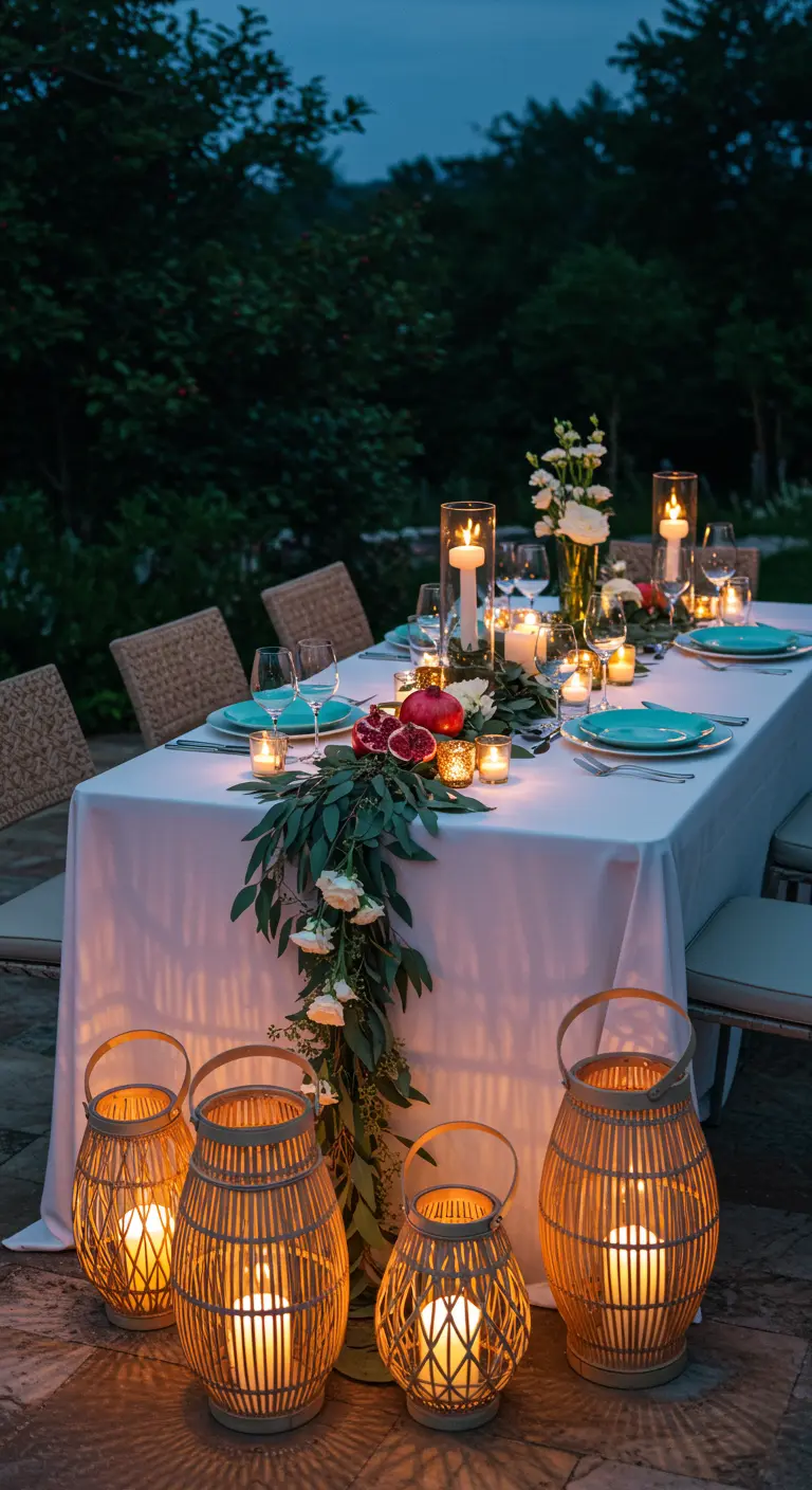 Table de soirée élégante illuminée par des bougies et de nombreuses lanternes en bambou au sol.