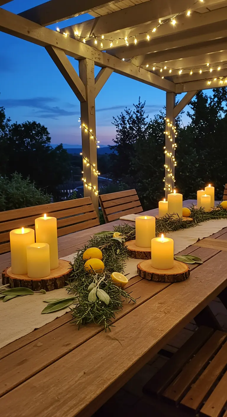 Table d'extérieur avec bougies sur rondins, citrons et guirlandes lumineuses.